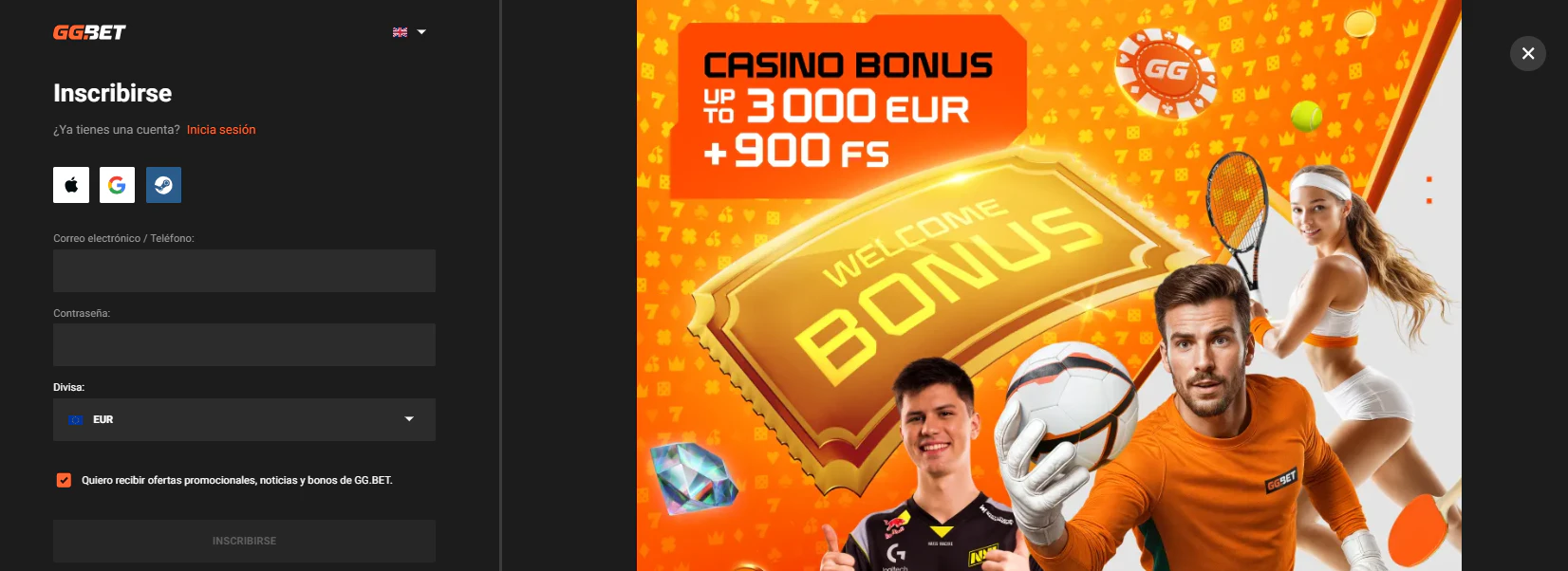 Creación de cuenta y acceso al área personal de GGBET Casino