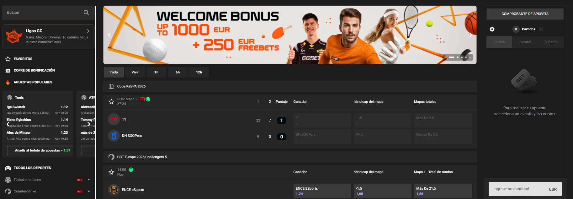 Mercados de apuestas en deportes y eSports ofrecidos por GGBET Casino
